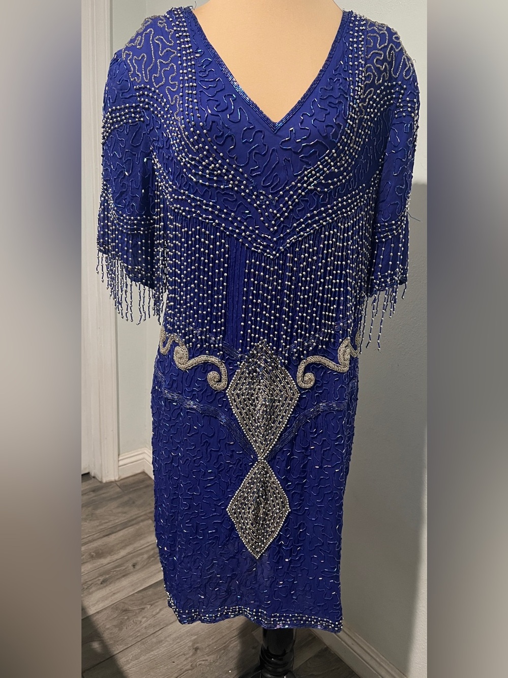 Vintage Fringe Sequin Beaded Gatsby Flapper Evening Formal MIDI 80s 90s Dress